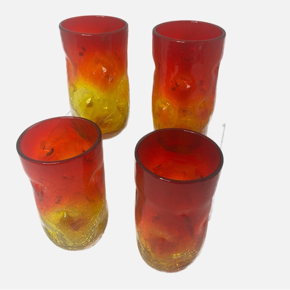 BLENKO Amberina Pinched Crackle Handblown Set of 4 Glass Tumblers